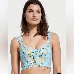 Dream Angels Lace Unlined Corset Bra Top lemon Print baby blue small DD NWT